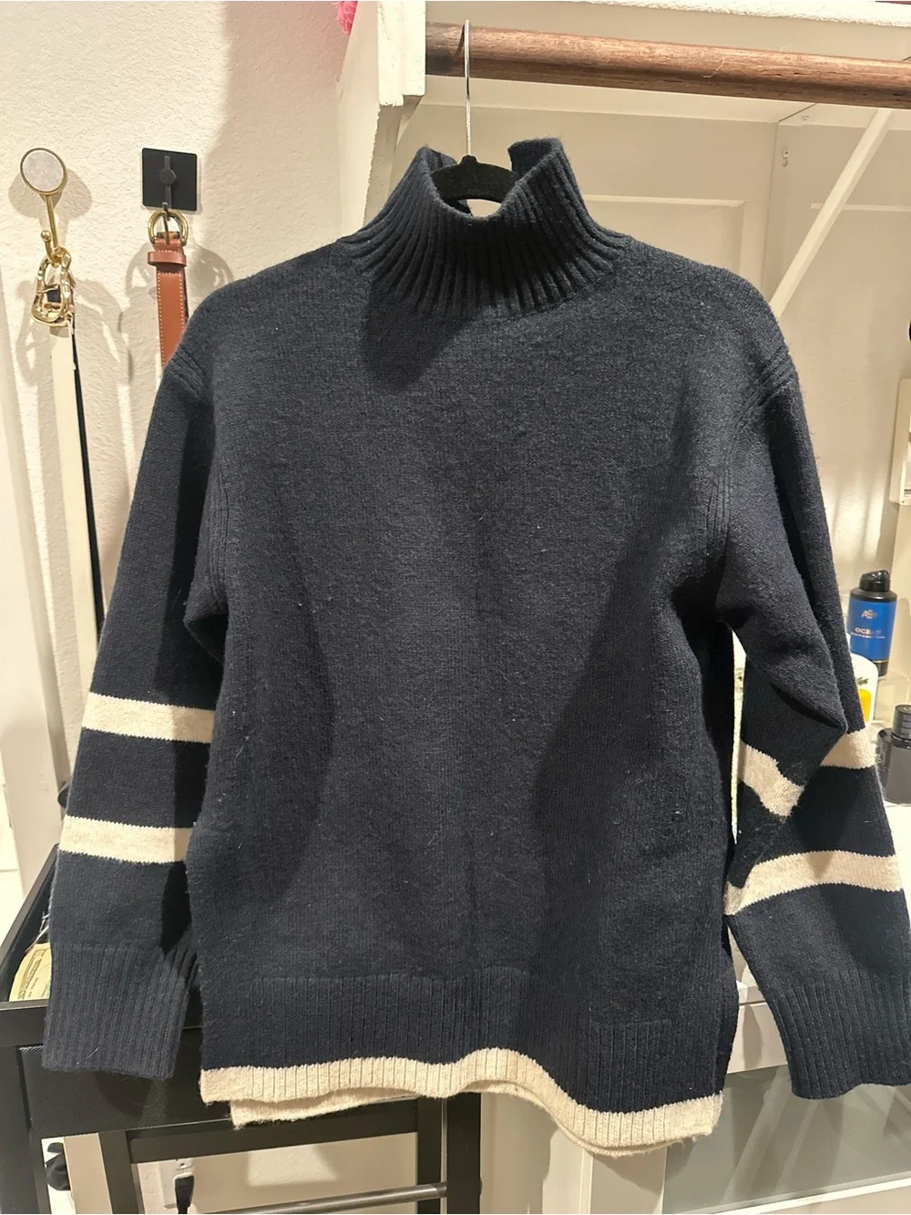 H&M Navy Turtleneck Sweater with Cream Stripes